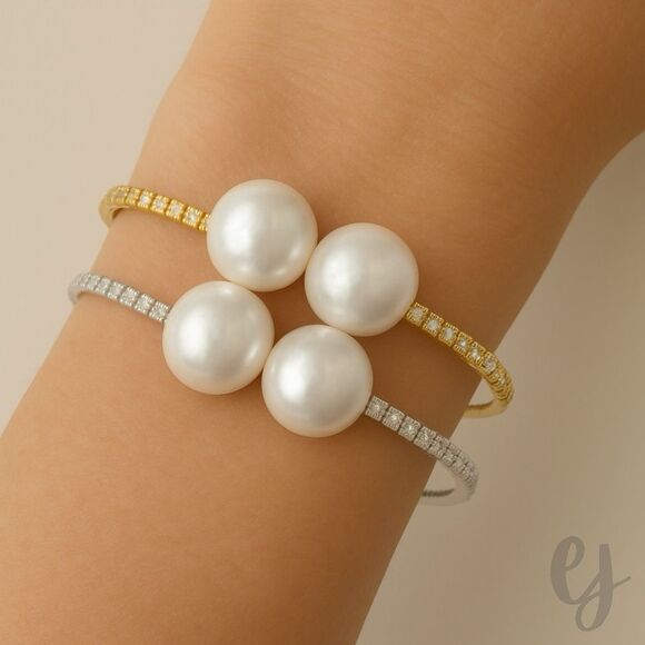 Set of 2 Open Cuff Bangle Bracelets with Pearl Closure in Silver and Gold Tone - Picture 1 of 9